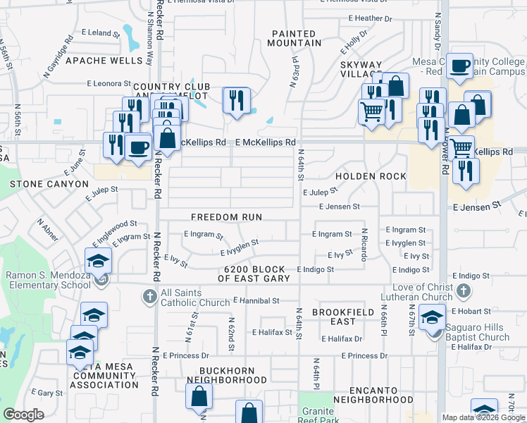 map of restaurants, bars, coffee shops, grocery stores, and more near 6209 East McKellips Road in Mesa