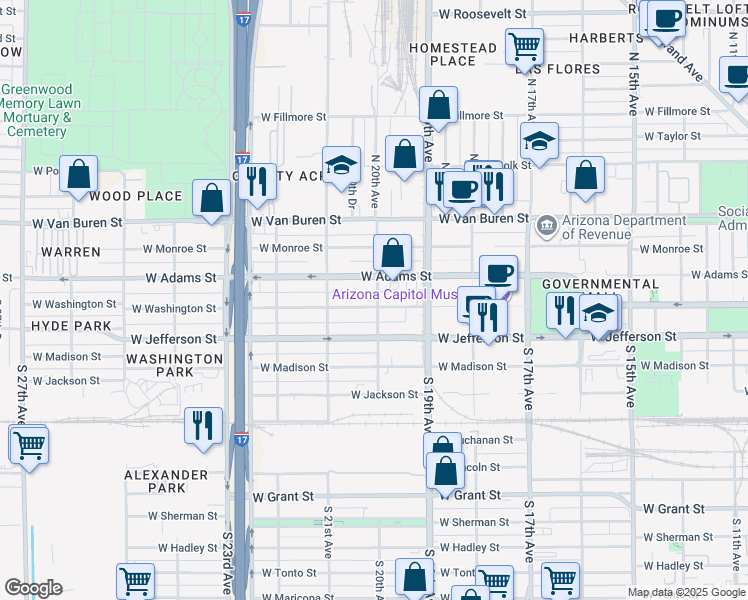map of restaurants, bars, coffee shops, grocery stores, and more near 2002 West Washington Street in Phoenix