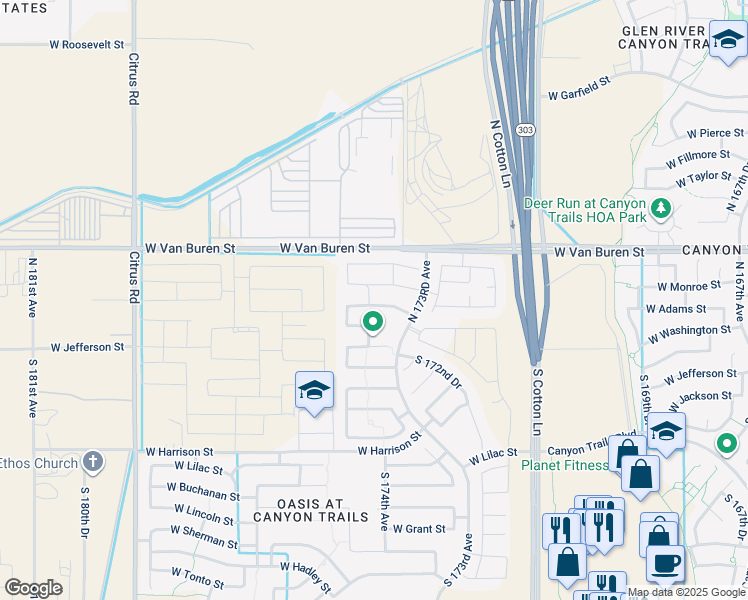 map of restaurants, bars, coffee shops, grocery stores, and more near 17382 West Adams Street in Goodyear