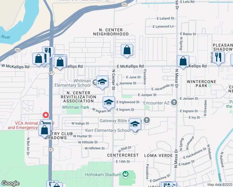 map of restaurants, bars, coffee shops, grocery stores, and more near 1815 North Center Street in Mesa