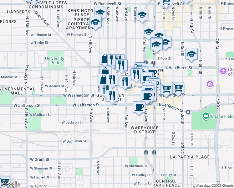 map of restaurants, bars, coffee shops, grocery stores, and more near 12 North 4th Avenue in Phoenix