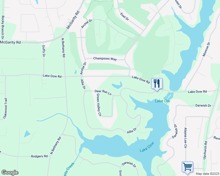 map of restaurants, bars, coffee shops, grocery stores, and more near 65 Deer Run Lane in McDonough