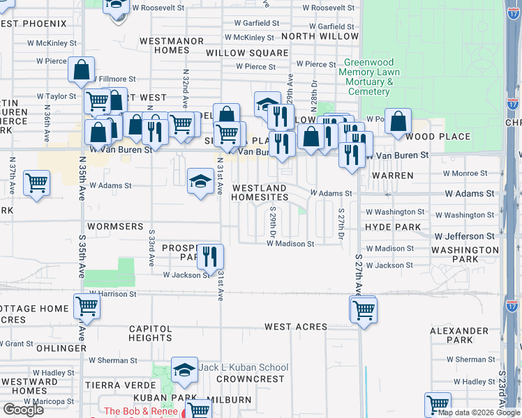 map of restaurants, bars, coffee shops, grocery stores, and more near 2941 West Washington Street in Phoenix