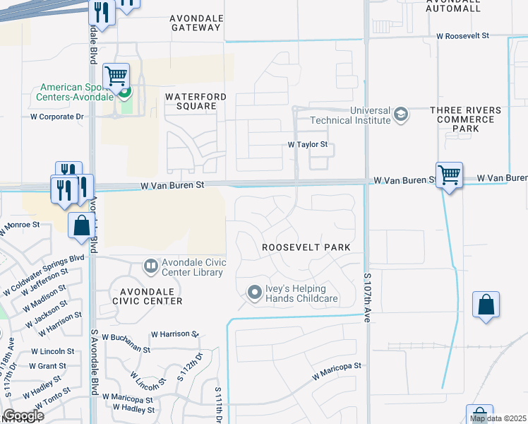map of restaurants, bars, coffee shops, grocery stores, and more near 213 North 109th Drive in Avondale