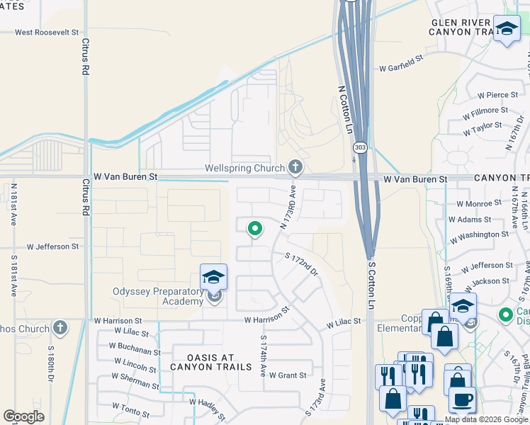 map of restaurants, bars, coffee shops, grocery stores, and more near 17382 West Adams Street in Goodyear