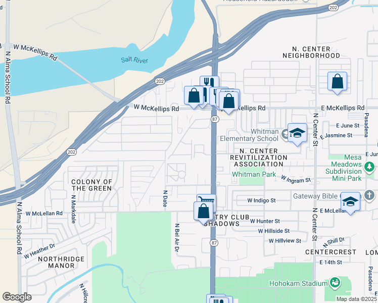 map of restaurants, bars, coffee shops, grocery stores, and more near 1930 North Country Club Drive in Mesa