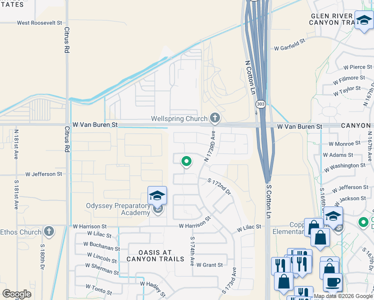 map of restaurants, bars, coffee shops, grocery stores, and more near 17382 West Adams Street in Goodyear