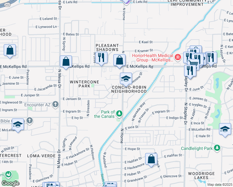 map of restaurants, bars, coffee shops, grocery stores, and more near 619 East Jensen Street in Mesa