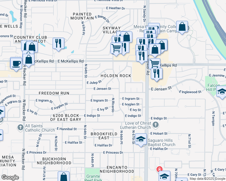 map of restaurants, bars, coffee shops, grocery stores, and more near 6543 East Jensen Street in Mesa