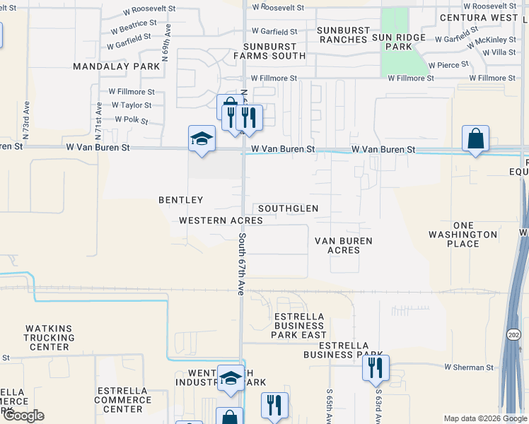 map of restaurants, bars, coffee shops, grocery stores, and more near 110 North 66th Avenue in Phoenix