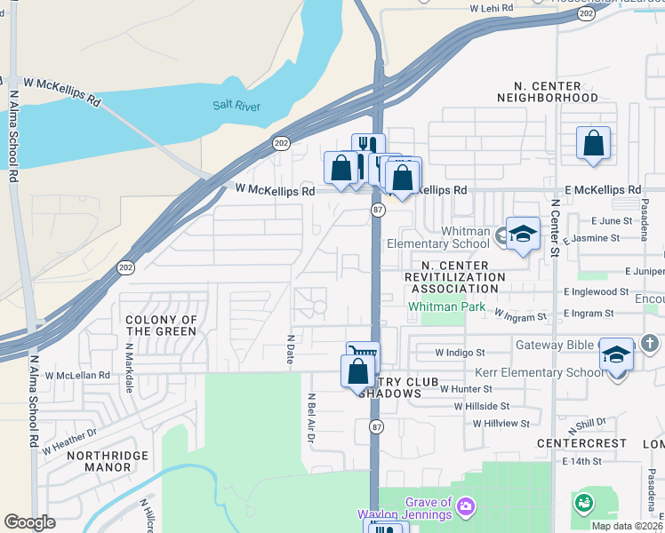 map of restaurants, bars, coffee shops, grocery stores, and more near 1930 North Country Club Drive in Mesa