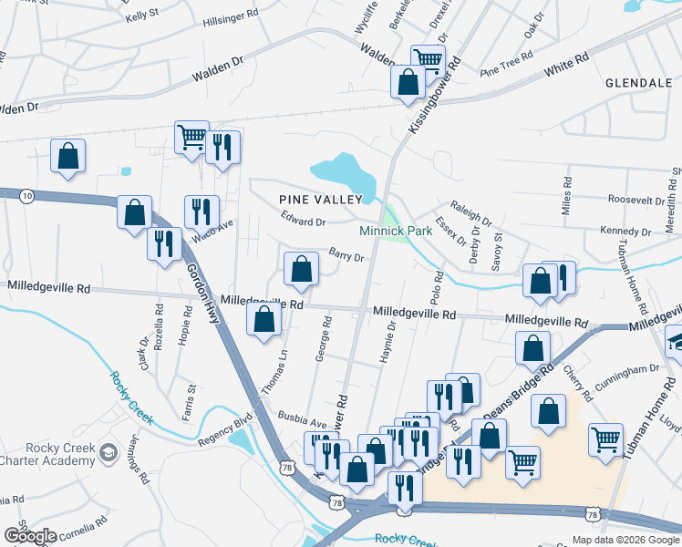 map of restaurants, bars, coffee shops, grocery stores, and more near 2713 Pine Valley Road in Augusta