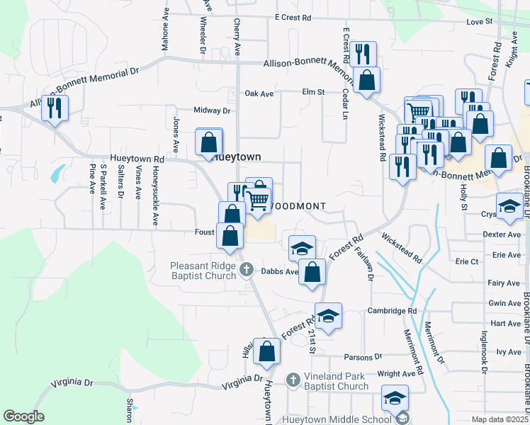 map of restaurants, bars, coffee shops, grocery stores, and more near 108 Kenilworth Road in Hueytown