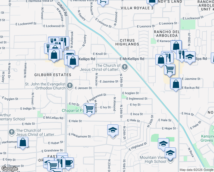 map of restaurants, bars, coffee shops, grocery stores, and more near 2258 East Jensen Street in Mesa