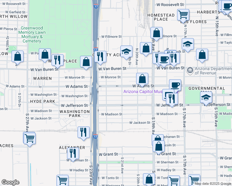 map of restaurants, bars, coffee shops, grocery stores, and more near 2118 W Washington St in Phoenix