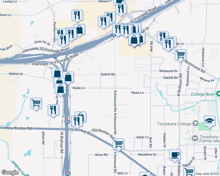 map of restaurants, bars, coffee shops, grocery stores, and more near Wade Lane in Texarkana