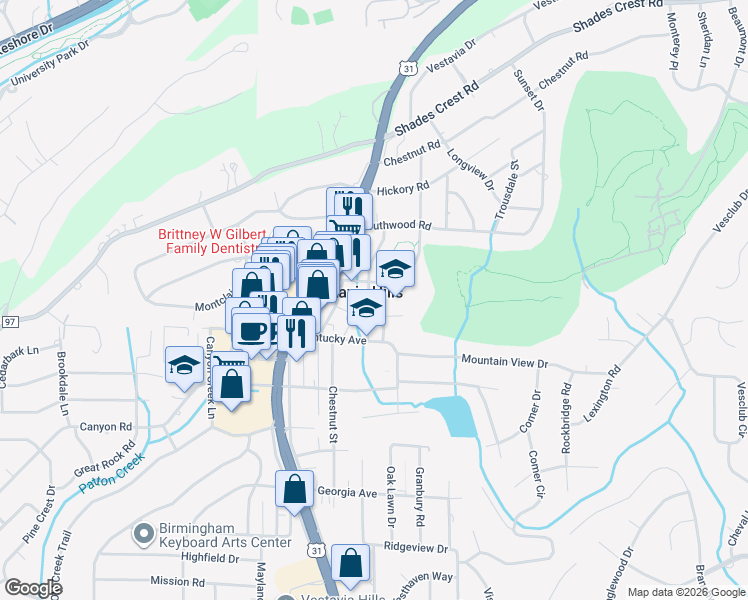 map of restaurants, bars, coffee shops, grocery stores, and more near 609 Eastwood Place in Vestavia Hills