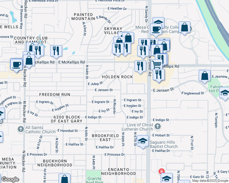 map of restaurants, bars, coffee shops, grocery stores, and more near 6543 East Jensen Street in Mesa