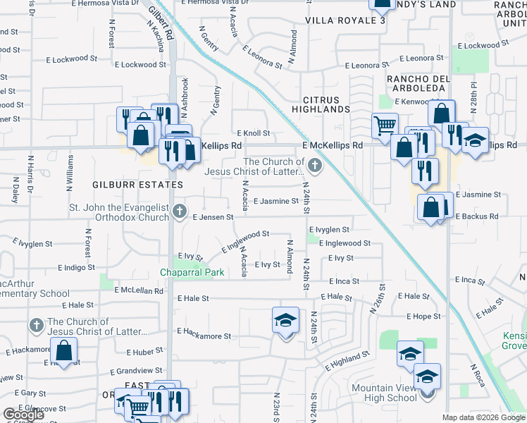 map of restaurants, bars, coffee shops, grocery stores, and more near 2258 East Jensen Street in Mesa