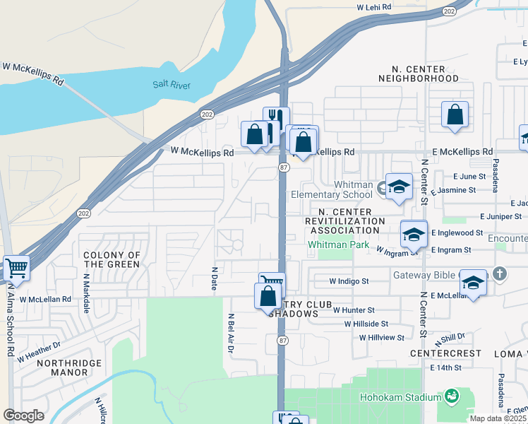 map of restaurants, bars, coffee shops, grocery stores, and more near 1812 North Country Club Cmns in Mesa