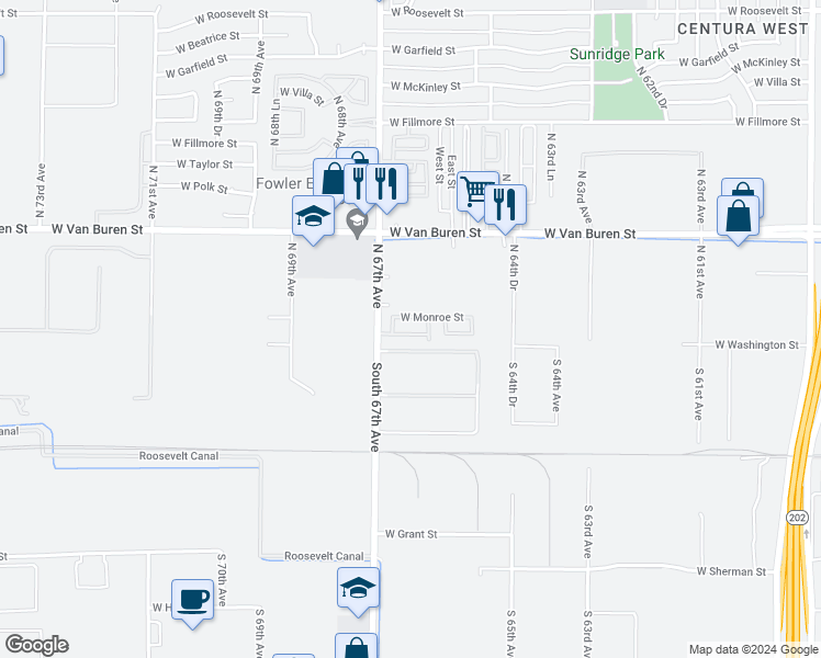 map of restaurants, bars, coffee shops, grocery stores, and more near 110 North 66th Avenue in Phoenix