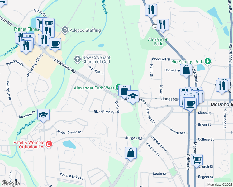 map of restaurants, bars, coffee shops, grocery stores, and more near 0 Jonesboro Street in McDonough