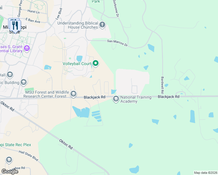 map of restaurants, bars, coffee shops, grocery stores, and more near 38 Hudson Trail in Starkville