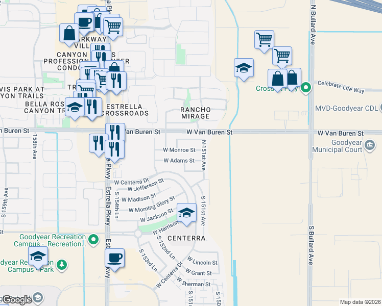 map of restaurants, bars, coffee shops, grocery stores, and more near 15159 West Monroe Street in Goodyear