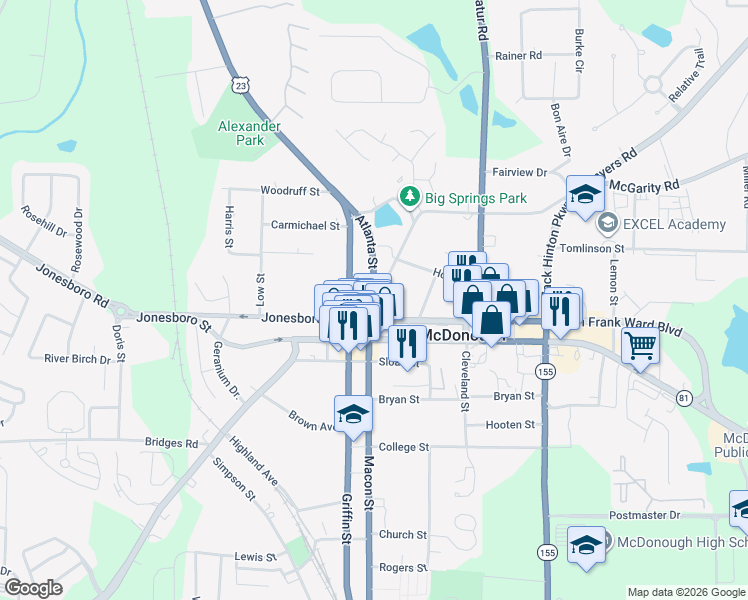 map of restaurants, bars, coffee shops, grocery stores, and more near 30 Lawrenceville Street in McDonough