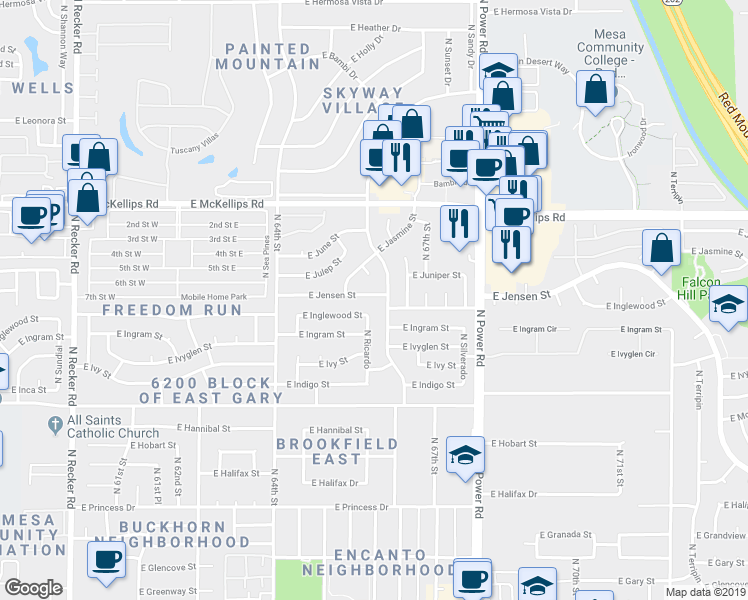 map of restaurants, bars, coffee shops, grocery stores, and more near 6543 East Jensen Street in Mesa
