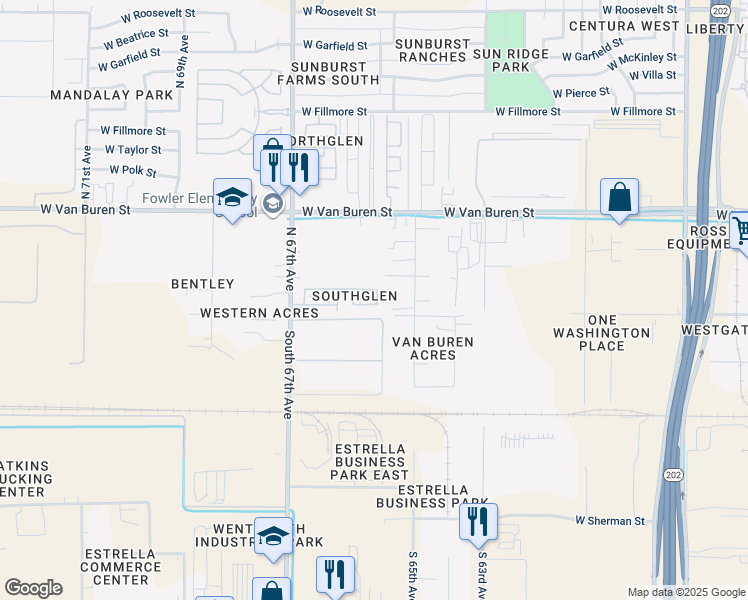 map of restaurants, bars, coffee shops, grocery stores, and more near 6512 West Adams Street in Phoenix