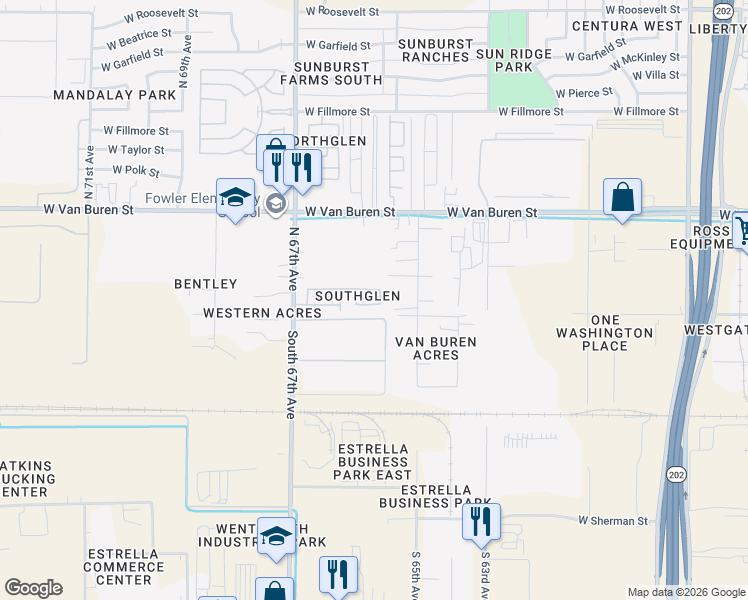 map of restaurants, bars, coffee shops, grocery stores, and more near 6516 West Adams Street in Phoenix