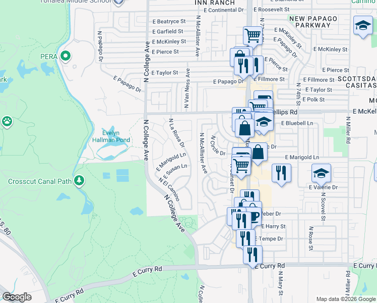 map of restaurants, bars, coffee shops, grocery stores, and more near 1701 North La Rosa Drive in Tempe