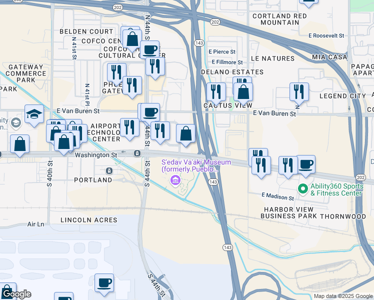 map of restaurants, bars, coffee shops, grocery stores, and more near 4600 East Washington Street in Phoenix