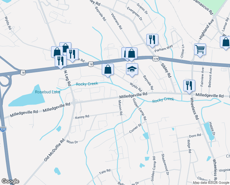 map of restaurants, bars, coffee shops, grocery stores, and more near 2712 Princess Court in Augusta