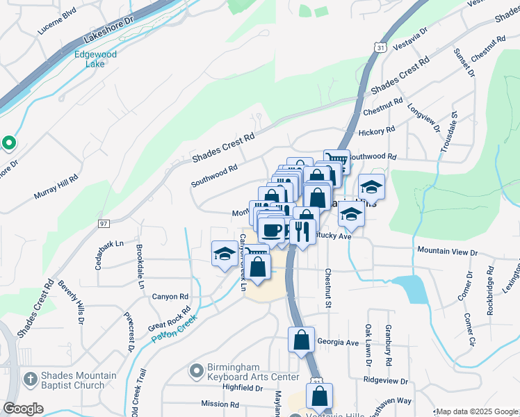 map of restaurants, bars, coffee shops, grocery stores, and more near 1841 Montclaire Drive in Vestavia Hills