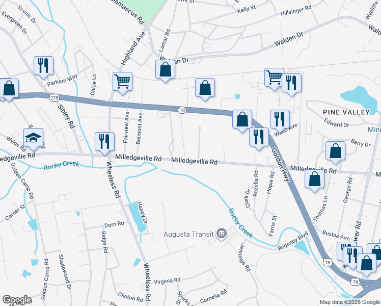 map of restaurants, bars, coffee shops, grocery stores, and more near 3013 Milledgeville Road in Augusta
