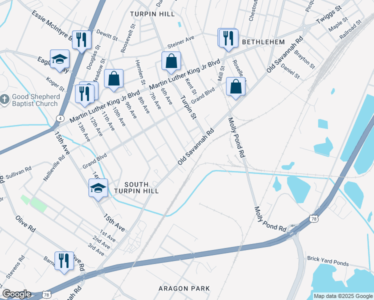 map of restaurants, bars, coffee shops, grocery stores, and more near 1921 Old Savannah Road in Augusta