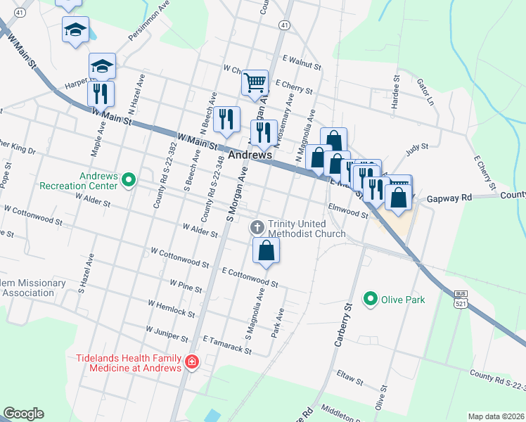 map of restaurants, bars, coffee shops, grocery stores, and more near 111 County Road S-22-28 in Andrews