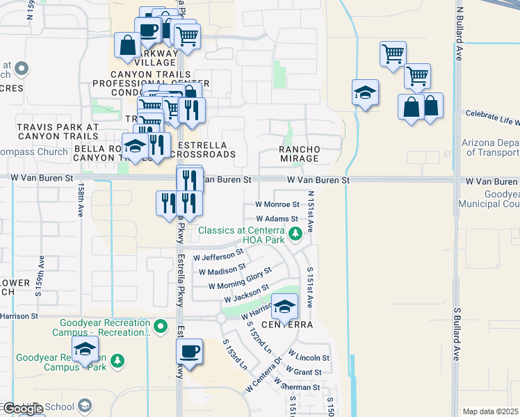 map of restaurants, bars, coffee shops, grocery stores, and more near 15257 West Monroe Street in Goodyear