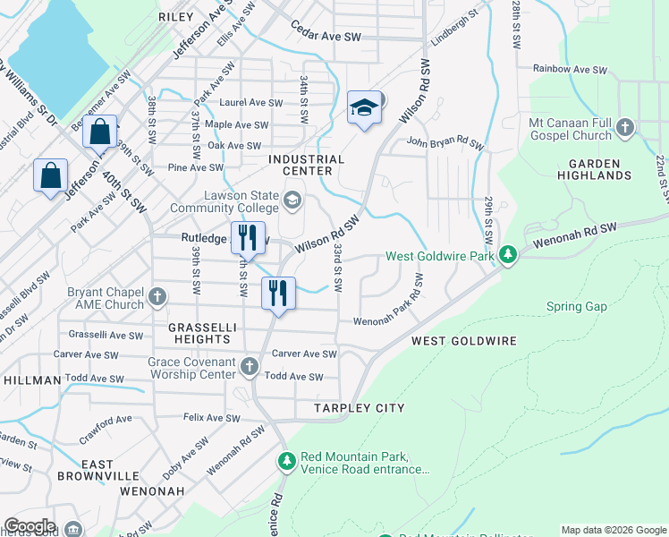 map of restaurants, bars, coffee shops, grocery stores, and more near 3036 33rd Street Southwest in Birmingham