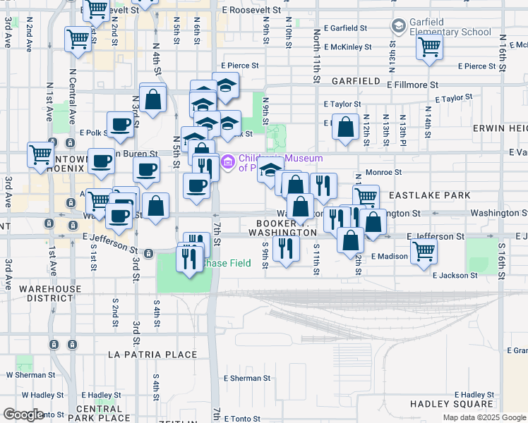 map of restaurants, bars, coffee shops, grocery stores, and more near 5 North 9th Street in Phoenix