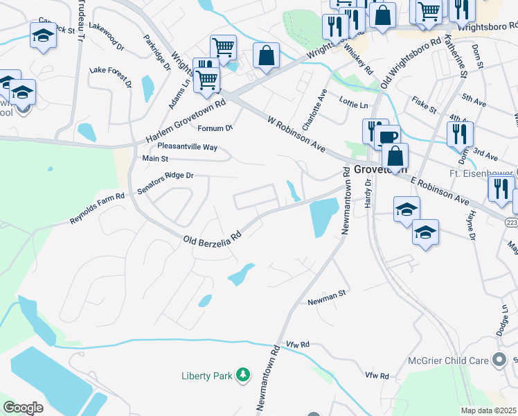 map of restaurants, bars, coffee shops, grocery stores, and more near 900 Arbor Springs Circle in Grovetown