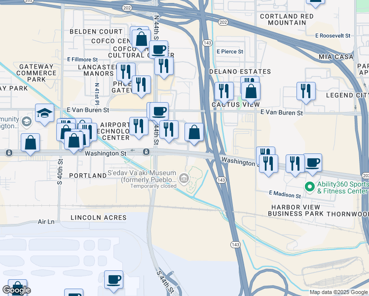 map of restaurants, bars, coffee shops, grocery stores, and more near 4600 East Washington Street in Phoenix