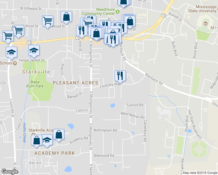 map of restaurants, bars, coffee shops, grocery stores, and more near 106 Lionheart Lane in Starkville