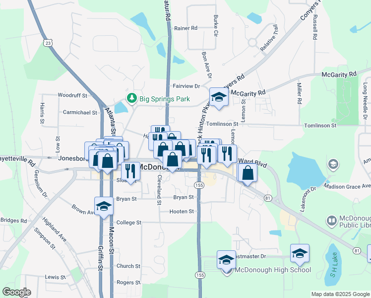 map of restaurants, bars, coffee shops, grocery stores, and more near 215 Turner Street in McDonough