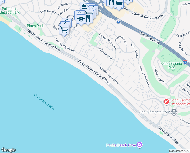 map of restaurants, bars, coffee shops, grocery stores, and more near 35471 Beach Road in Dana Point