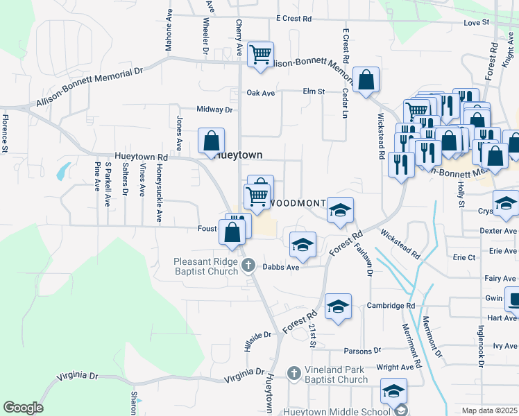 map of restaurants, bars, coffee shops, grocery stores, and more near 108 Kenilworth Road in Hueytown