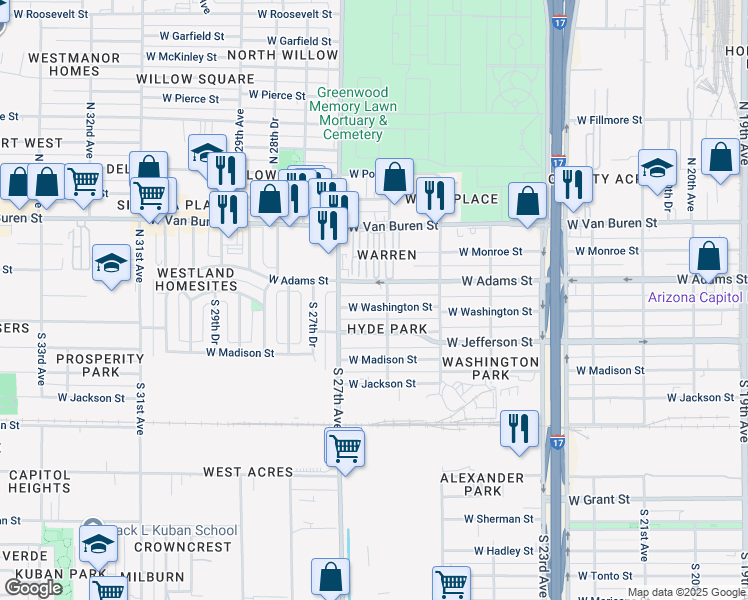 map of restaurants, bars, coffee shops, grocery stores, and more near 2610 West Washington Street in Phoenix