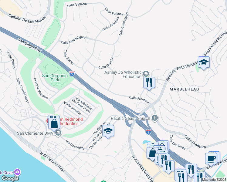 map of restaurants, bars, coffee shops, grocery stores, and more near 2908 Calle Frontera in San Clemente